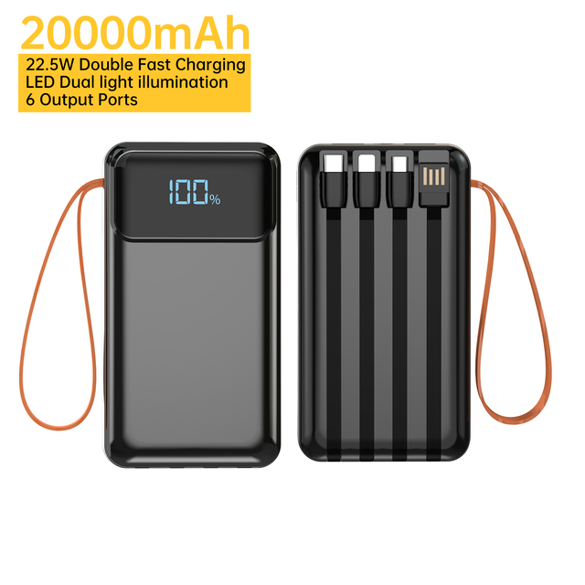 ASPOR A302 20000mAh Power Bank, PD+QC 22.5W Fast Charging, LED Lighting, 4 Built-in Cables, 6 Output,Portable Charger for Phones