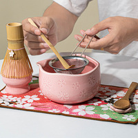 Ensemble de matcha en céramique de style japonais, 7 pièces, motif fleurs de cerisier, avec bol à matcha, bec verseur et fouet à thé, dans un coffret cadeau pour la préparation du thé