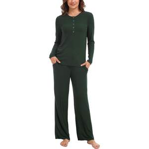 Conjunto de pijama de manga larga para mujer, suave y transpirable, de viscosa de bambú, pantalones largos con botones para mujer - Product Image 1