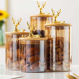 Pot à épices en verre doré à thème cerf, couleur ambre, avec couvercle en bois, récipient de rangement pour la cuisine, pour le thé et les fruits secs - Product Image 1