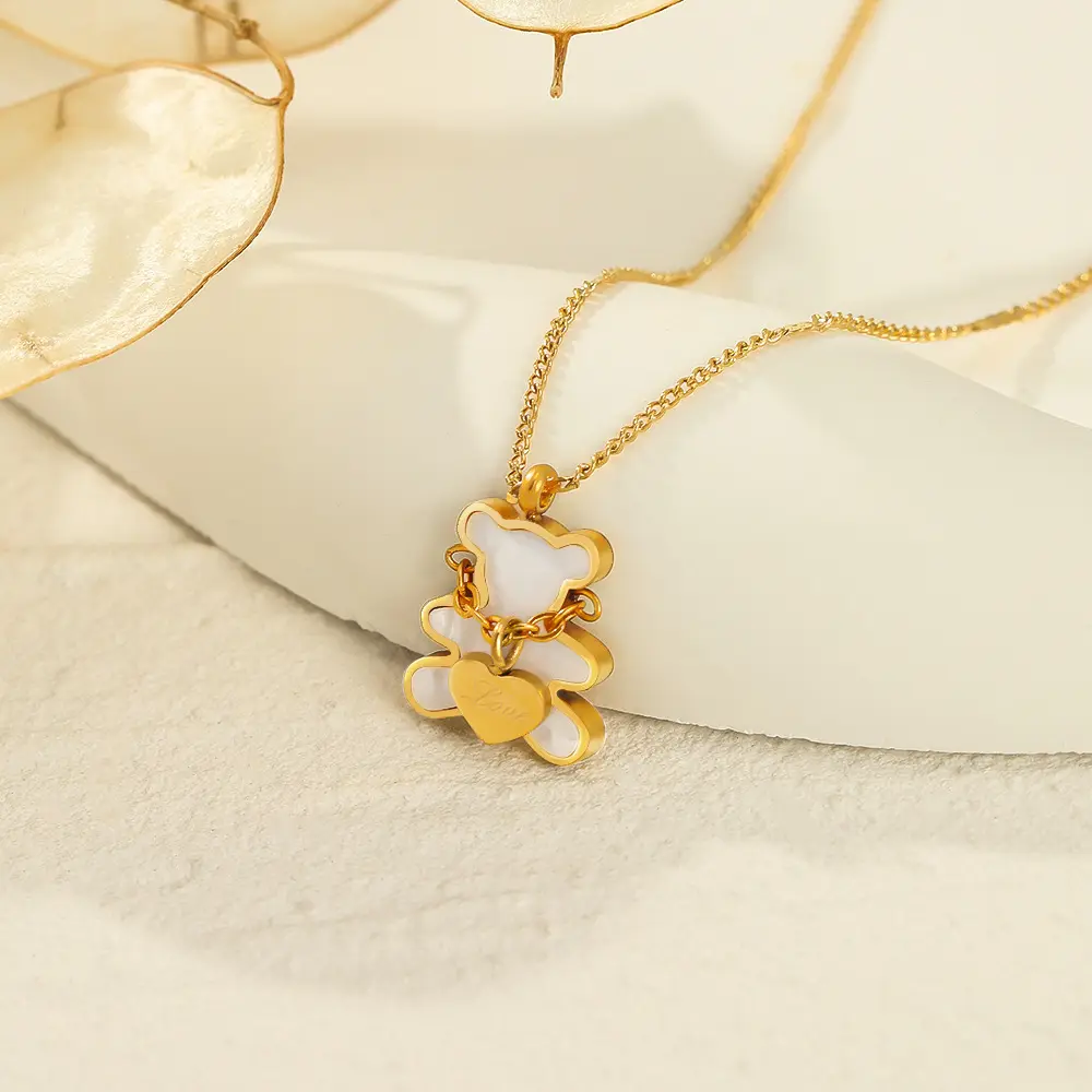 White Mother Of Pearl Shell Bear Pendant Necklace Custom Gold Plated Stainless Steel Love Lock Bone Chain Women