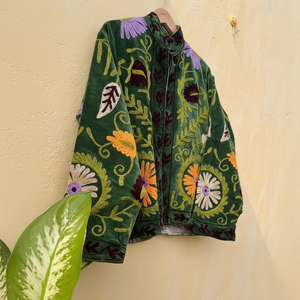 Blouson Bomber en Velours Brodé Suzani : Streetwear Floral Fait Main - Product Image 1