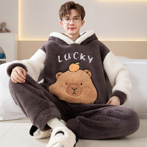 Ensembles de vêtements de nuit hiver pyjamas à capuche en peluche pour hommes adolescents pyjamas de dessin animé épais doublés de polaire - Product Image 2