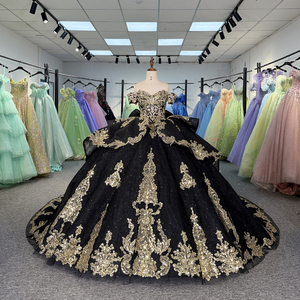 Robe de bal scintillante en mousseline de soie pour Quinceañera, modèle Dy5841, avec appliques noires et dorées, luxueuse, coupe cœur, pour fête d'anniversaire ou bal de promo - Product Image 6
