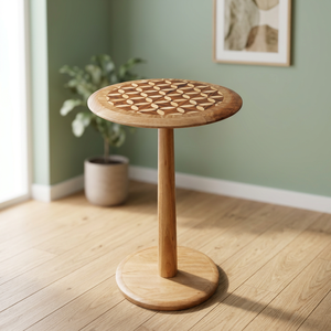 Modern Round Indonesian Solid <b>Wood</b> Coffee <b>Table</b> with Geometric Inlay Design Handmade Movable <b>Side</b> <b>Table</b> <b>Living</b> <b>Room</b> Furniture - Product Image 3