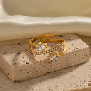 2023 Design Personalized Stainless Steel Opening Adjustable Women's Ring Luxurious Diamond Set Zircon 18K Gold Plated Party