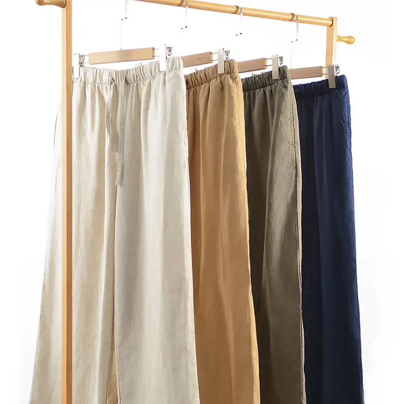 Celana piyama wanita, celana panjang lurus belum dicetak gaya Jepang untuk wanita tipis longgar pelangsing pinggang tinggi Linen murni celana panjang wanita