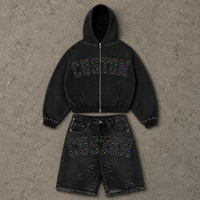 Ensemble 2 pièces unisexe streetwear délavé léger avec sweat à capuche imprimé graphique vintage et short en jean, coupe oversize, OEM ODM