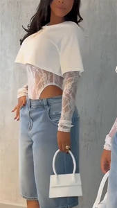 Top Corto Sexy alla Moda + Body a Maniche Lunghe in Pizzo Jacquard per Donne, T-Shirt Aderente Street Style per Ragazze - Product Image 3