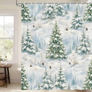 Cortina de Ducha de Poliéster con Diseño de Camino en el Bosque Invernal Azul, Cortina de Baño con Impresión Digital, Impermeable, Impresión Personalizada, Venta al por Mayor, Moderna - Product Image 2