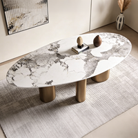 Table à Manger Ovale en Marbre de Luxe, Pierre Frittée, Piétement en Acier Inoxydable Doré, Pièce Maîtresse Moderne pour Villa et Hôtel