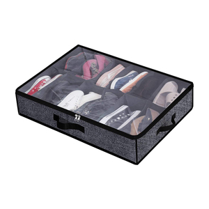 12 Compartments Linen Shoe Storage Container Space Saving Underbed Shoe Organizer