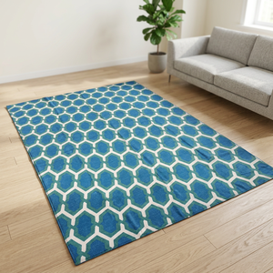 Tapis géométrique moderne en coton bleu-vert, rectangulaire, tissage plat, antidérapant, fait main, avec envers en coton, à poils courts et épais, style bohème - Product Image 1