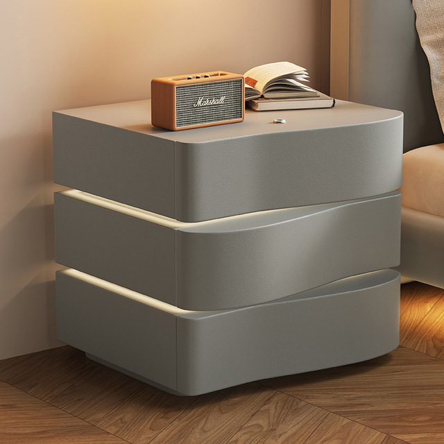 Cream Style Light Luxury Smart Floating Bedside Table Modern Simple Bedroom Storage Cabinet Leather Top Creative Small Solid
