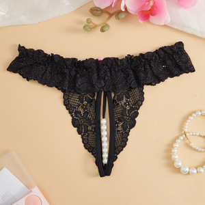 Culotte string en dentelle noire avec insertion de perles, entrejambe ouvert, stimulation pour adultes, sous-vêtements de style européen - Product Image 2