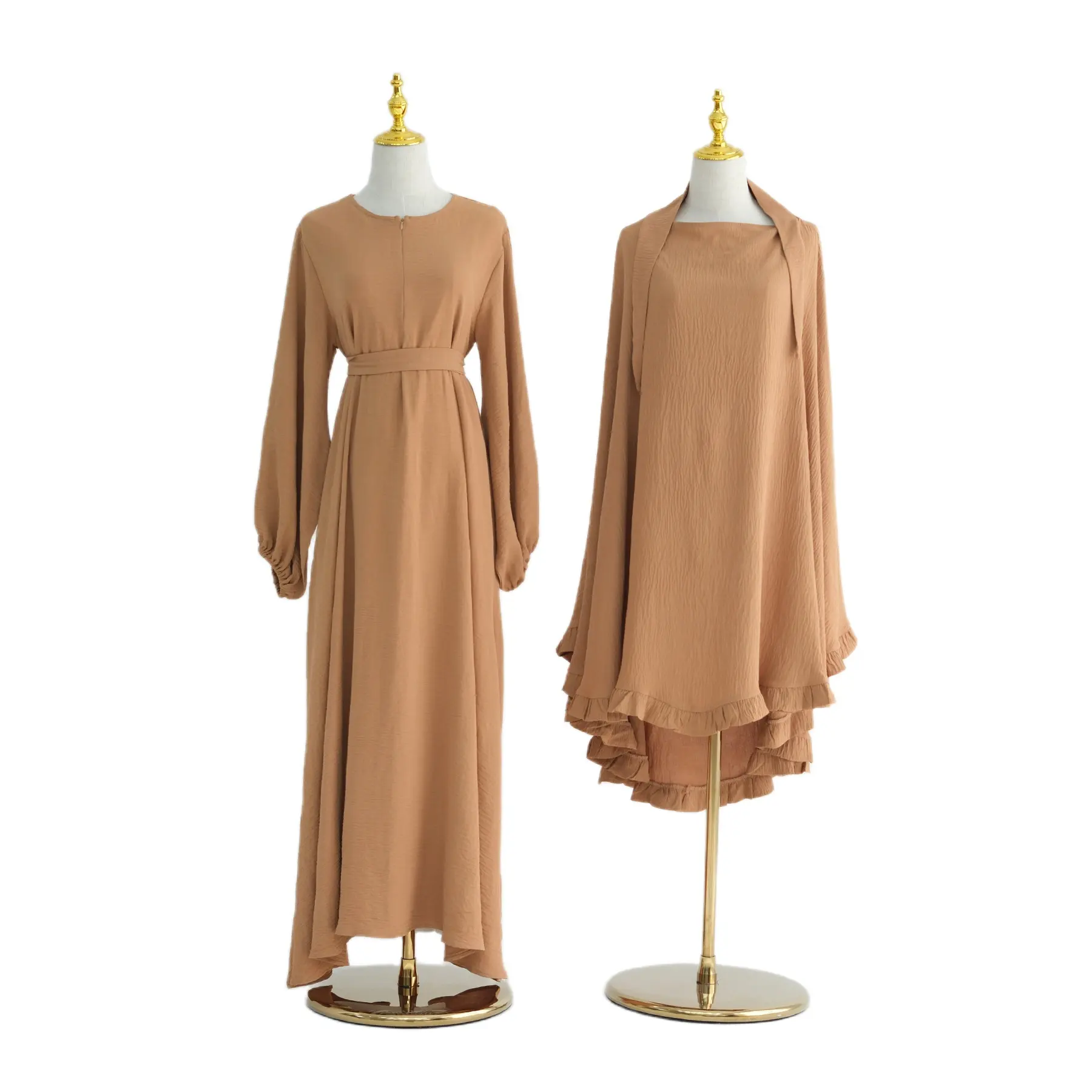 Großhandel solide Farbe Rüschen Jilbab Abaya muslimisches Kleid 2-teilig Abaya muslimischer Weiblicher Jilbab mit Tasche