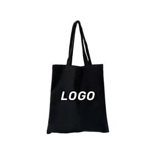 定制标志印花可回收空白黑色帆布手提袋购物棉拉绳包带提手