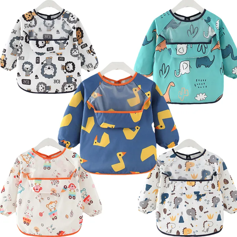 Hot Selling Long Sleeved Baby Bibs Children's Smocked Clothing With Pocket Play Waterproof Baby aprons
