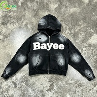 Sweat à capuche zippé vintage noir délavé en coton épais French Terry sur mesure pour homme, style streetwear