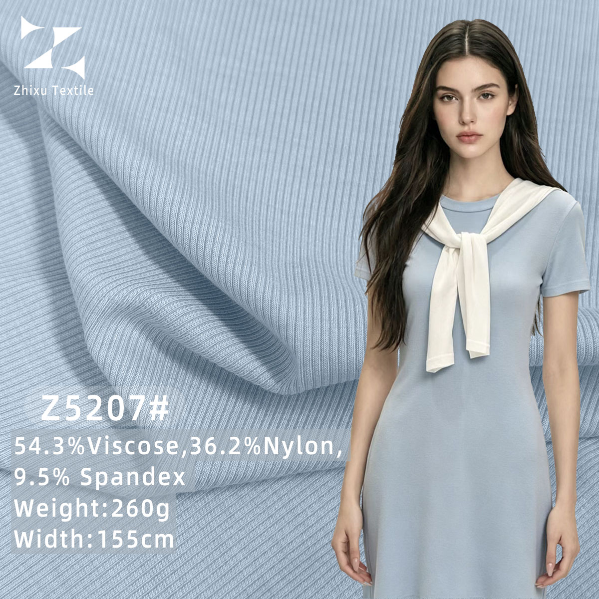260gsm 2*2 Rib Knit Viscose/Nylon Fabric 155cm Wide 4-Way Stretch Moisture-Absorbent Breathable Wrinkle Resistant Eco-Friendly