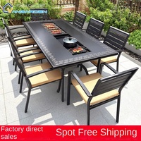 Ensemble de table et chaises de salle à manger d'extérieur moderne tout en aluminium pour 6 à 8 personnes, barbecue électrique, mobilier de jardin décontracté pour la cour et le jardin