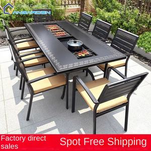 आधुनिक ऑल-एल्यूमीनियम 6-8 व्यक्ति आउटडोर डाइनिंग टेबल कुर्सी सेट, आंगन बगीचे के उपयोग के लिए इलेक्ट्रिक बारबेक्यू कैजुअल गार्डन फर्नीचर - Product Image 5