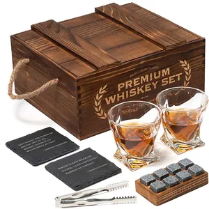 Custom Logo Wood Gift, Box For Whiskey Wine Glasses Set With Ice Tartar Best Gifts Set For Men Dad Husband Birthday Party/