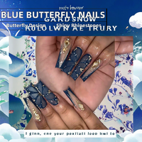 24 faux ongles longs carrés en ABS à presser, motif papillon bleu français de luxe, strass 3D, réutilisables, faits à la main, ongles artificiels