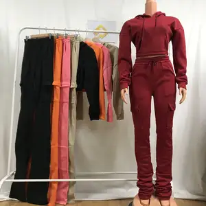 Sonbahar kış kadın kısa kapşonlu üst yığılmış ter pantolon iki parçalı Set eşofman Jogger Sweatpants kazak Hoodies setleri