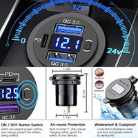 Trois ports 12V USB double Charge rapide 3.0 PD USB C chargeur de voiture avec voltmètre interrupteur d'alimentation multifonction pour voiture Marine RV bateau