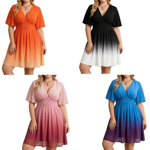 Falda de gasa para mujer de talla grande con cuello en V, mangas cortas plisadas y cintura en forma de A, ideal para fiestas informales. - Product Image 1