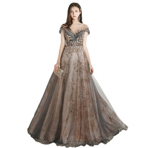 Off The Shoulder Evening Gown Gray Champagne Pink Mauve Ball Gown Floral Print 3D Stereoscopic Patterns Natural Waistline - Product Image 5