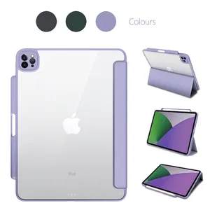 Anti-Shock PC Clear PU Leather Case With Charging Pencil Holder Smart Case Cover For IPad Pro 11 10.9 12.9 2018 2020 2021 2024