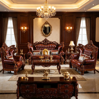 Europäischer Stil Ledersofa-Set Luxus 3-Sitzer 2 Sessel Geschnitzter Holzrahmen Ecksofa Wohnzimmer Hotel Möbel