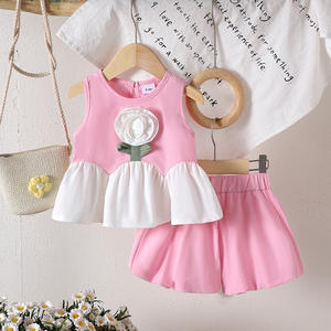 2025 da bambina senza maniche camicia rosa fiori bianchi + Bloomers 2 pezzi Set carino - Product Image 1