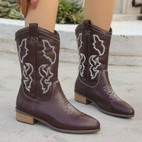 Bottines Western pour femmes, à tige haute, mi-mollet, bout pointu, talon bas, talon épais, style cowboy