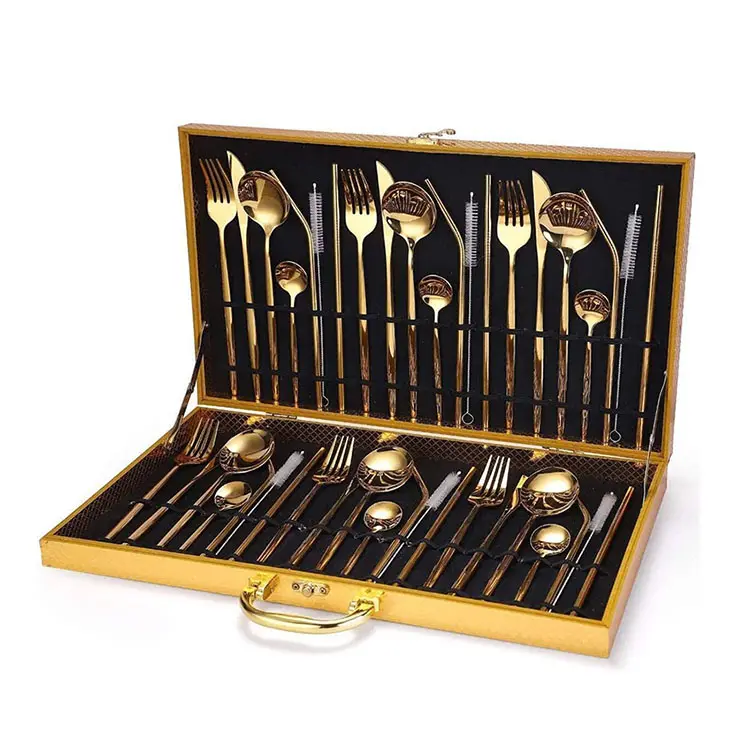 Royal 42pcs Gold Plated Flatware Set Spoon and Fork Set Straws Stainless Steel Cutlery Set with Wooden Case