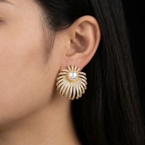 18K Gold Plated Imitation Pearl Jewelry Set Sunburst Pave Zircon Layered Arc <strong>Earrings</strong> Ring for Women Anniversary Wholesale - Product Image 4
