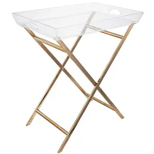 现代透明亚克力边桌简单设计床头柜折叠可拆卸托盘矩形廉价亚克力桌，带金色X腿
