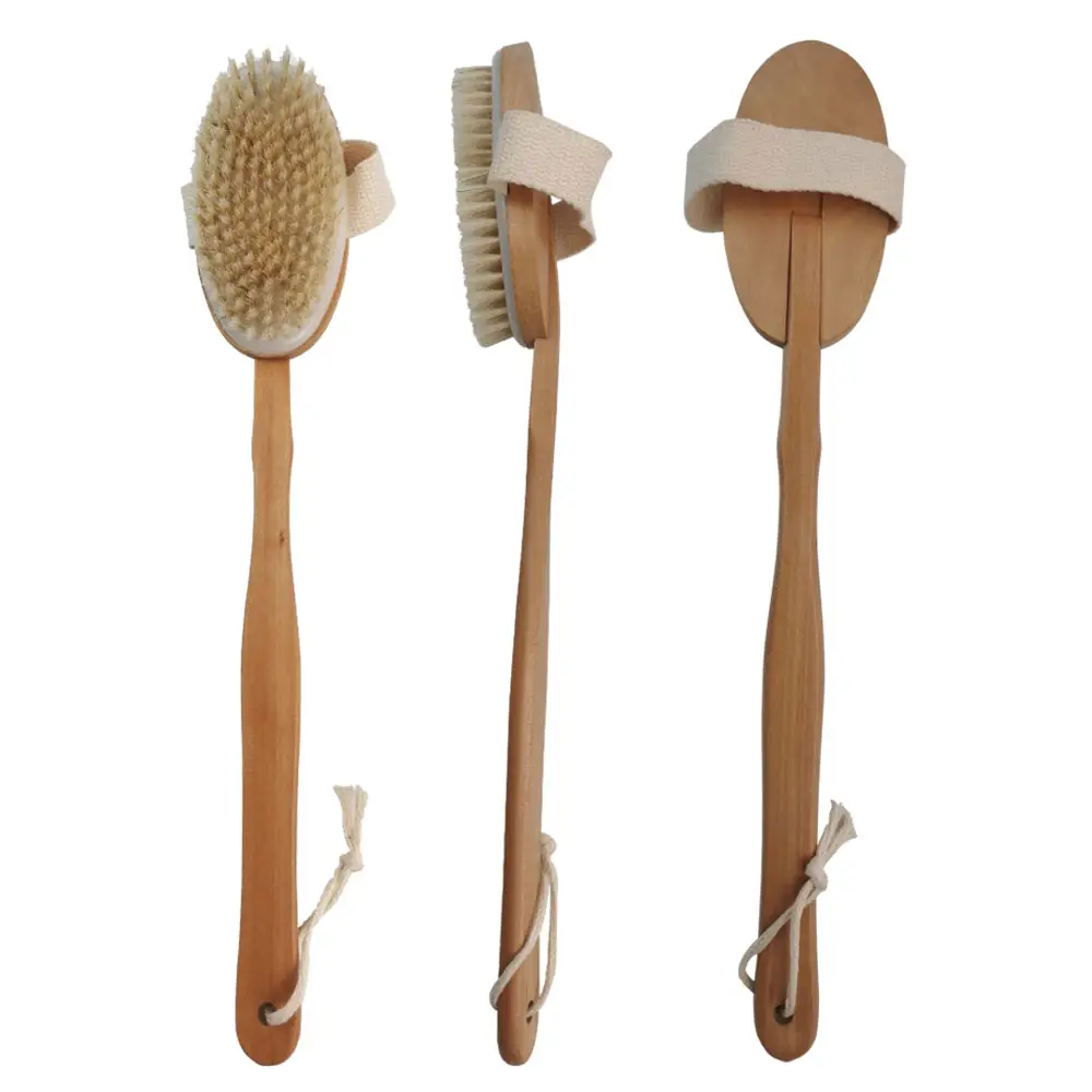 Wholesale Long Wooden Handle Natural Bristle Brush Head Can Be Replaced Brosse A Sec Body Exfoliating Bath Brush