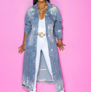 Logo personalizzato all'ingrosso moda <span class=keywords><strong>donna</strong></span> autunno inverno vestiti girocollo manica lunga strappata giacche in Denim Outerwear Jeans cappotti - Product Image 3
