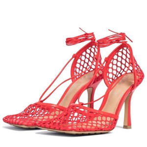 Chaussures à talons hauts pour femmes, style occidental, en maille respirante, à lacets, bout pointu, mode été 2021, sandales habillées - Product Image 5