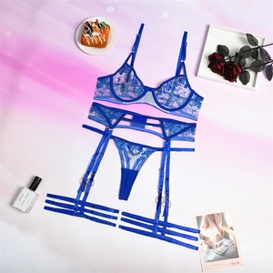 <span class=keywords><strong>Lingerie</strong></span> érotique bleue transparente brodée, soutien-gorge et culotte avec jarretelles noires, <span class=keywords><strong>lingerie</strong></span> sexy pour femmes - Product Image 5