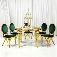 Table de réception ronde en acier inoxydable doré avec plateau en verre, moderne et luxueuse, pour mariages, événements, hôtels et fêtes en extérieur