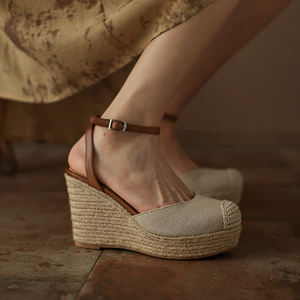 WETKISS Factory OEM Boho Styles sandali estivi in lino a punta stretta con cinturino alla caviglia espadrillas sandali da donna sandali con zeppa - Product Image 4