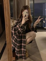 Kemeja Wanita Gaya Korea Motif Kotak-kotak Oversize Lengan Panjang Kancing Depan Kasual Streetwear Blus Longgar Drop Shoulder Vintage