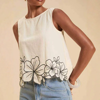 Chemisier d'été décontracté ample à col rond sans manches pour femme avec broderie florale
