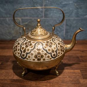 Oriental Metal Tea Kettle With <b>Lid</b> Decorative Floral Pattern Metal Handle Three Legs - Product Image 4