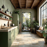 Gabinetes de Cocina de Madera Contrachapada con Acabado Verde Bosque Mate, Puertas de Vidrio Arqueadas, Herrajes Dorados y Encimera de Mármol, Hechos a Medida