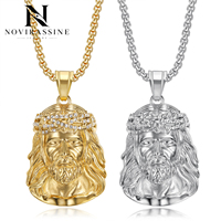 Collier pendentif tête de Jésus en acier inoxydable Novirassine, couronne d'épines, cristal, bijoux religieux, cadeau, accessoire hip-hop, fête